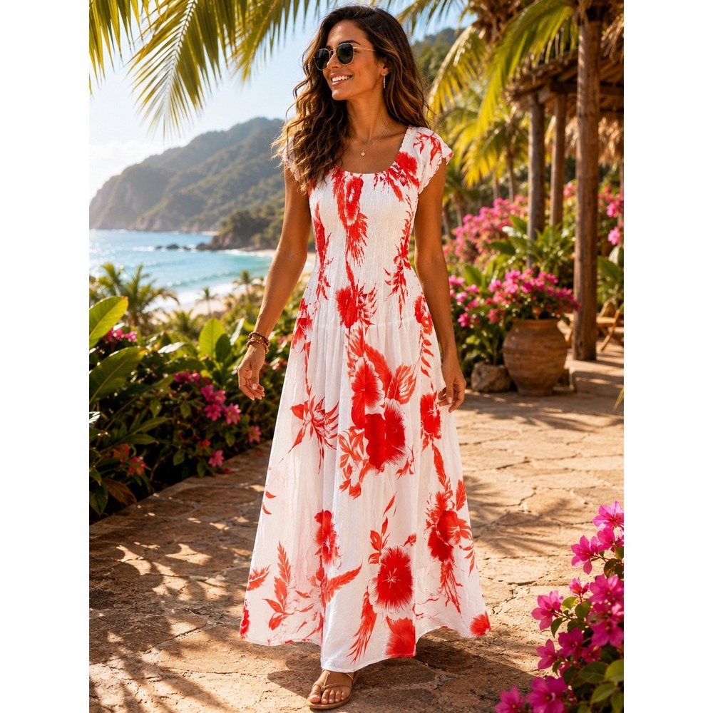Unbranded Red White Tropical Hibiscus Floral Smocked Maxi Dress Cap Sleeve